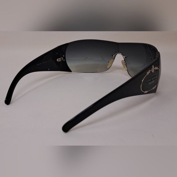 Prada Sunglasses Shield Rimless Oversized Wrap Tinted Black Logo Y2K SPR 16H - Picture 9 of 16